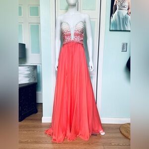 Size 12 Rachel Allan Tangerine Orange Prom Cruise Chiffon Flowy Gown Dress